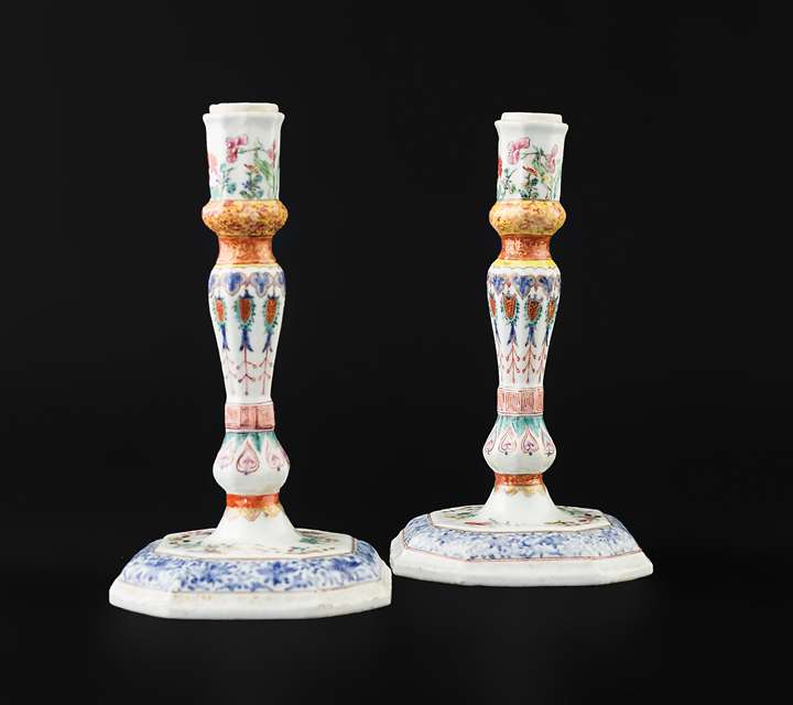 Pair of chinese export porcelain famille rose candlesticks